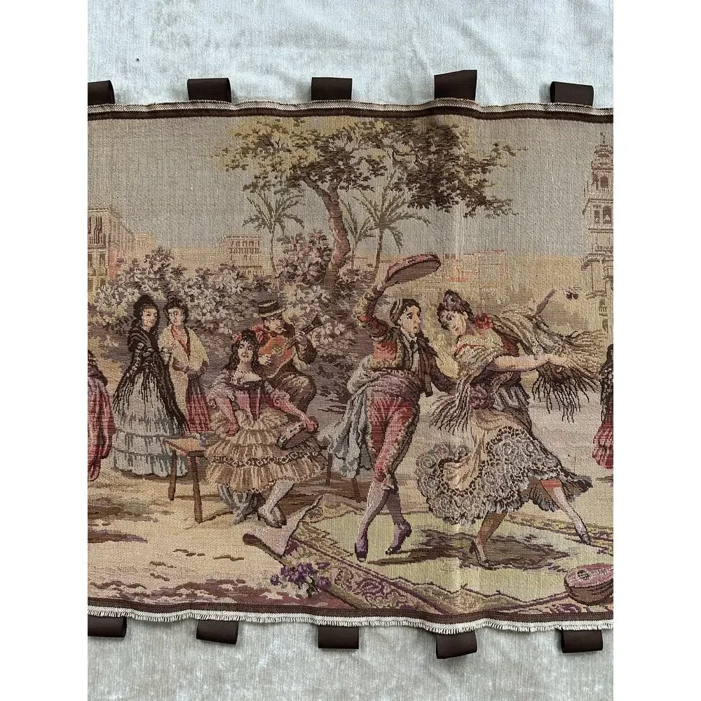 Vintage tapestry Spanish Woven Wall Art Made in Belgium Market Scene 57x20”